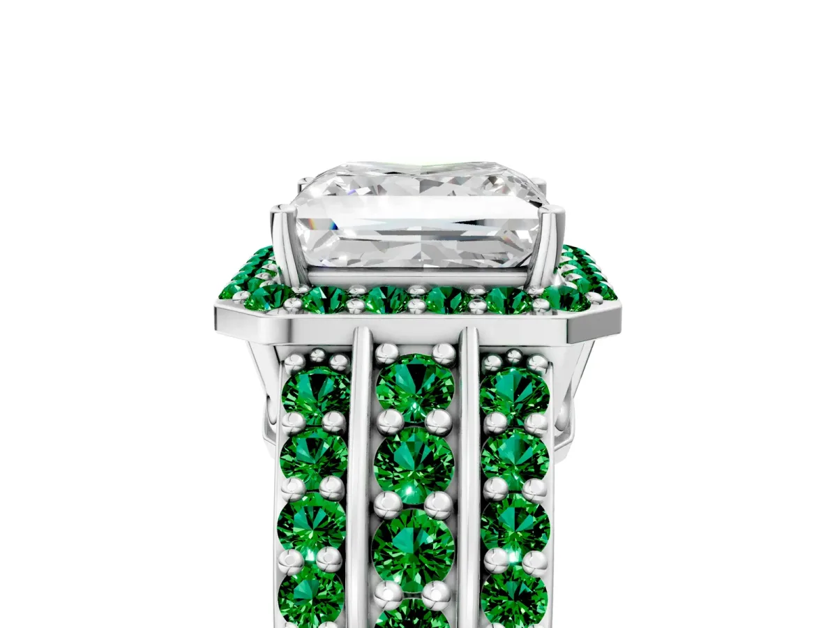 Princess Cut Halo Diamond Ring with Round Emerald Split Shank and Prong Setting White gold