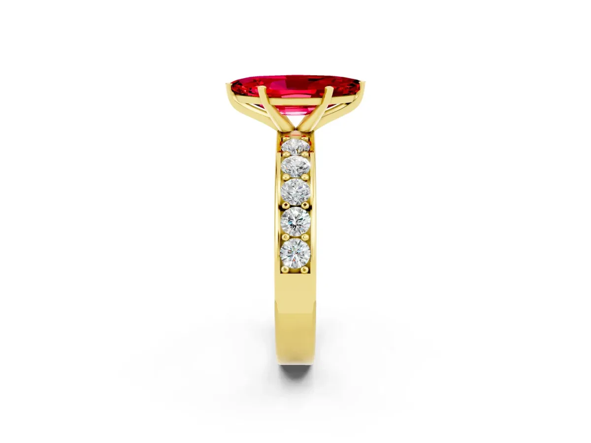 Marquise Cut Ruby Engagement Ring with Channel Set Round Band and Prong Setting Yellow gold