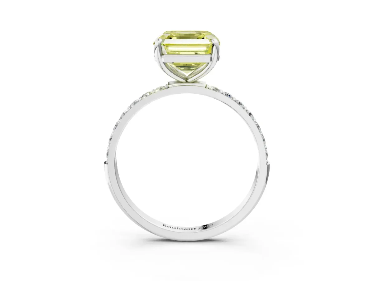 Fancy Yellow Asscher Cut Diamond Solitaire Ring with Round Pavé Band and Prong Setting Silver
