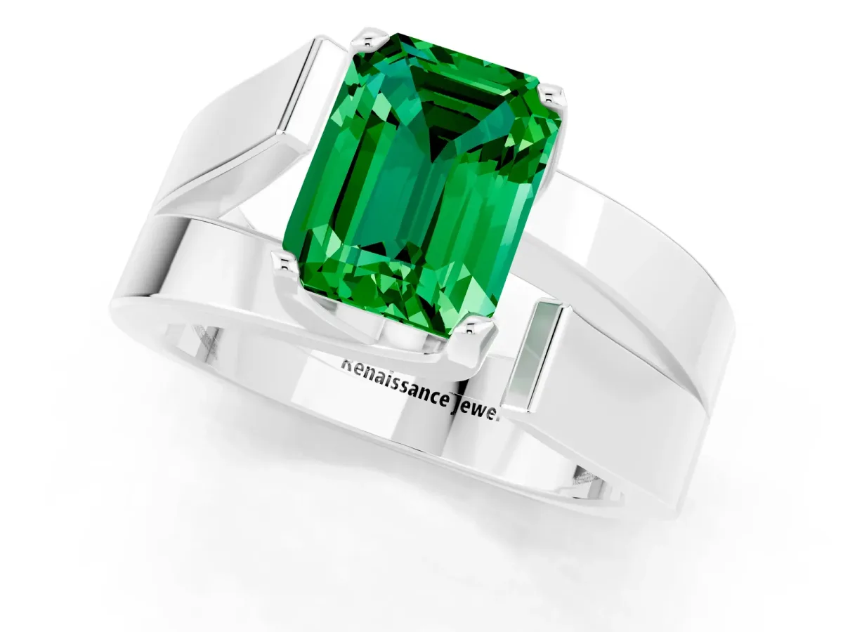 Modern Tension Set Emerald Cut Emerald Solitaire Wide Band Ring Silver