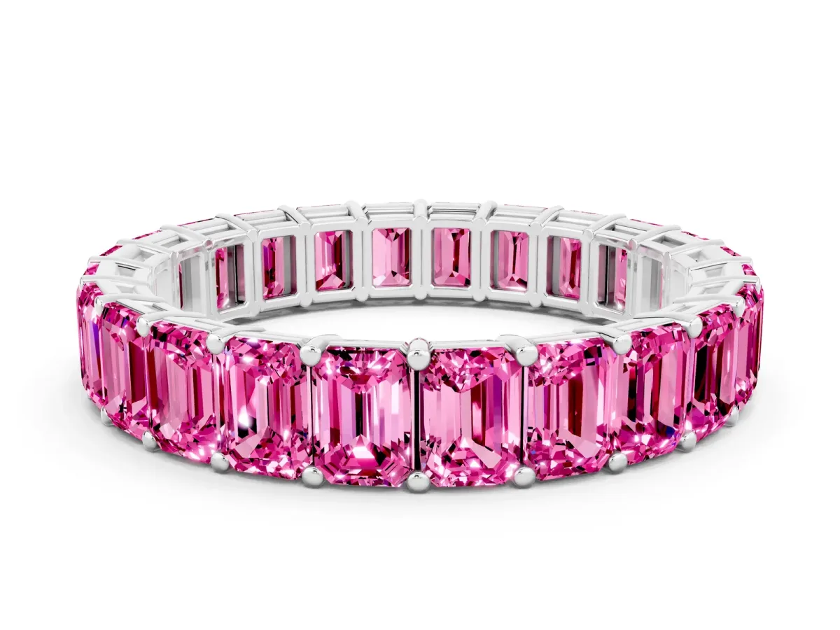 Emerald Cut Pink Sapphire Eternity Band with Shared Prong Setting Platinum