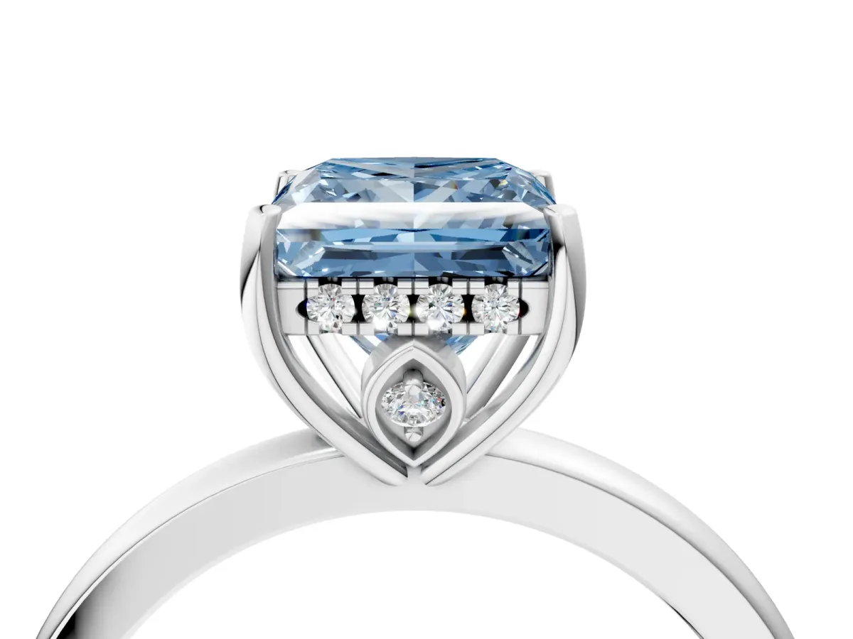 Fancy Blue Princess Cut Solitaire Diamond Ring with Prong Setting and Plain Band Silver