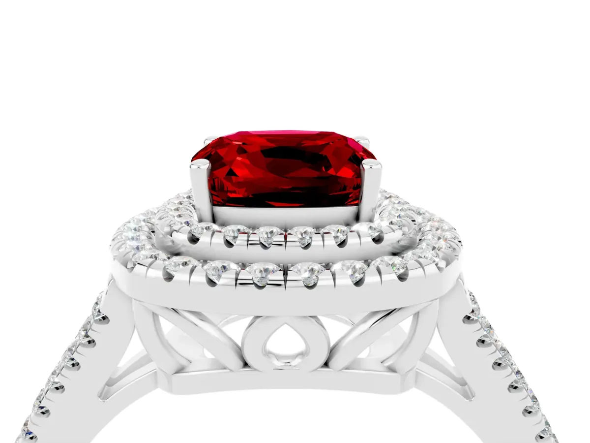 Cushion Cut Ruby Double Halo Ring with Pavé Band and Prong Setting Platinum