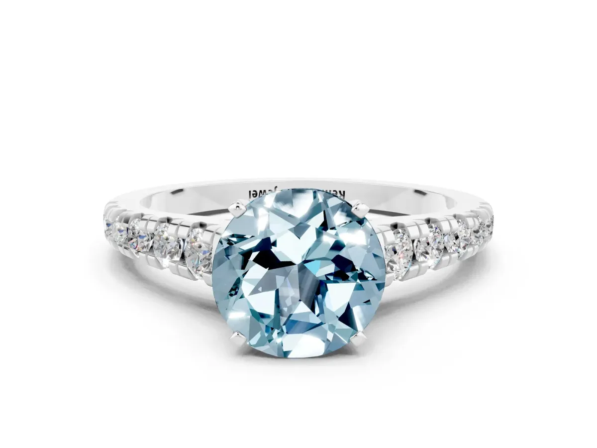 Round Cut Aquamarine Cathedral Solitaire Ring with Round Pavé Band Silver