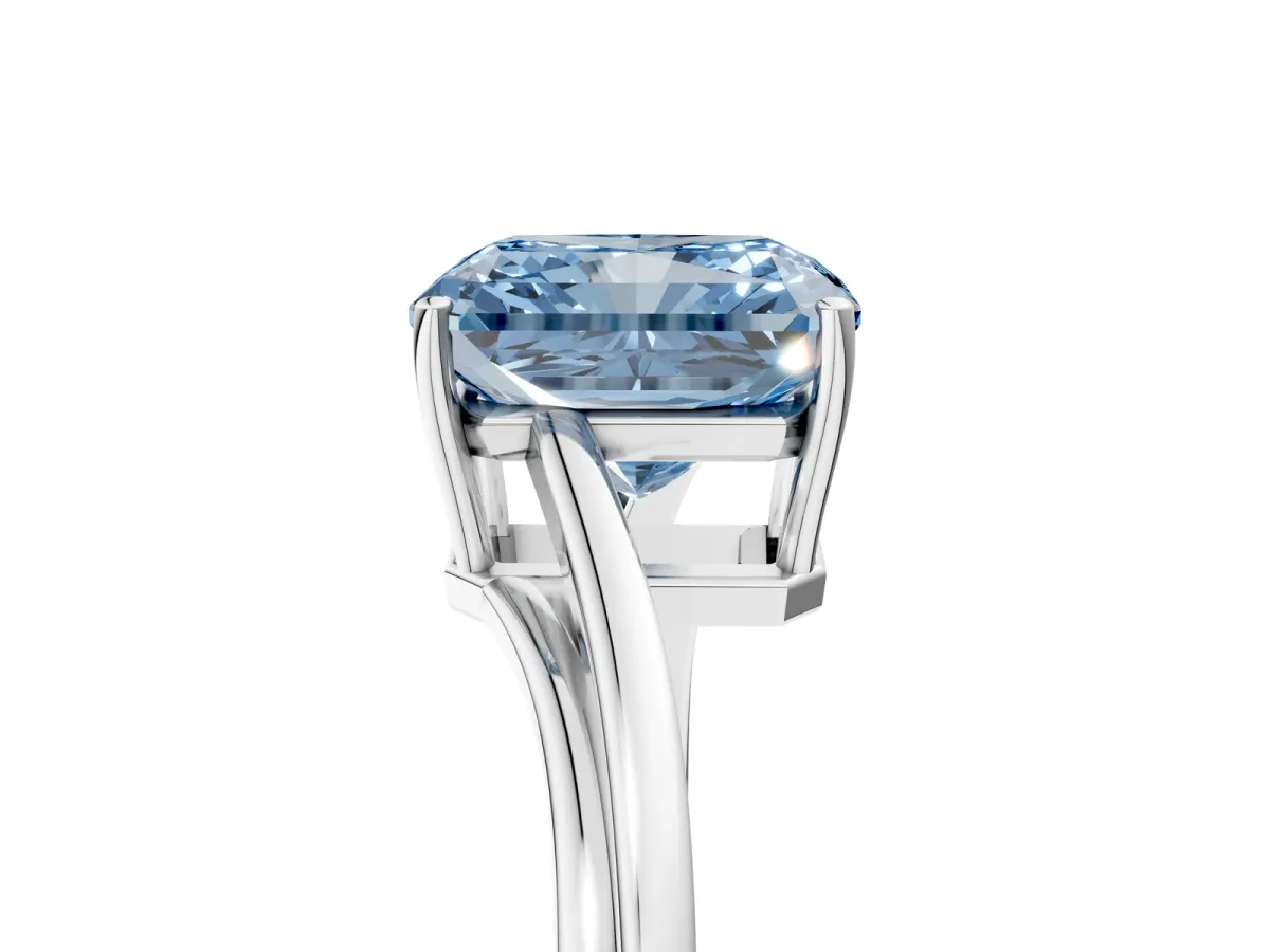 Fancy Blue Radiant Cut Cut Solitaire Twist Band Ring with Four-Prong Setting Platinum