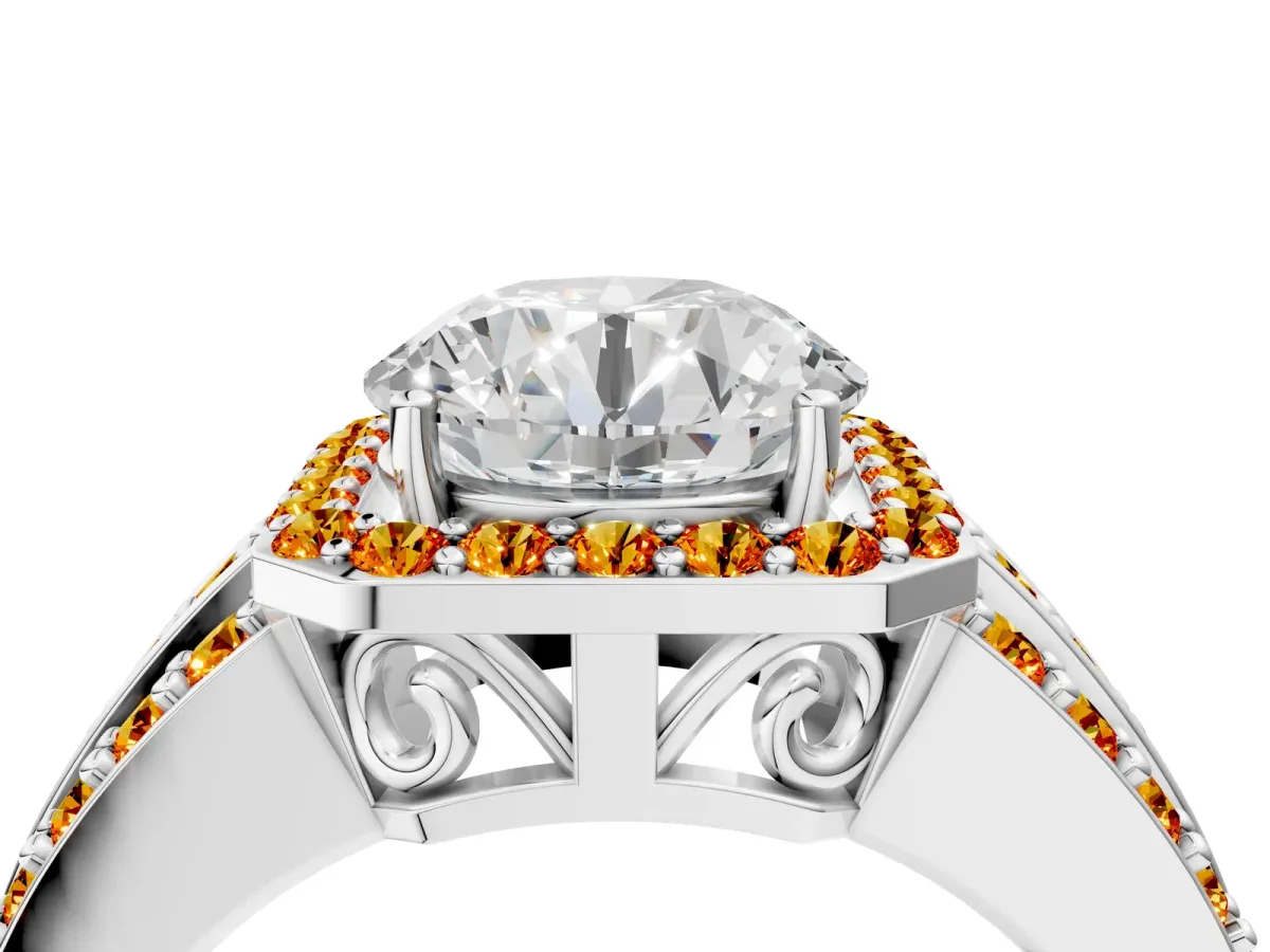 Round Cut Halo Diamond Ring with Round Citrine Split Shank and Prong Setting Platinum