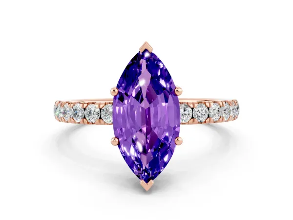Marquise Cut Tanzanite Pave Band Solitaire Ring with Round and Prong Setting Rose gold