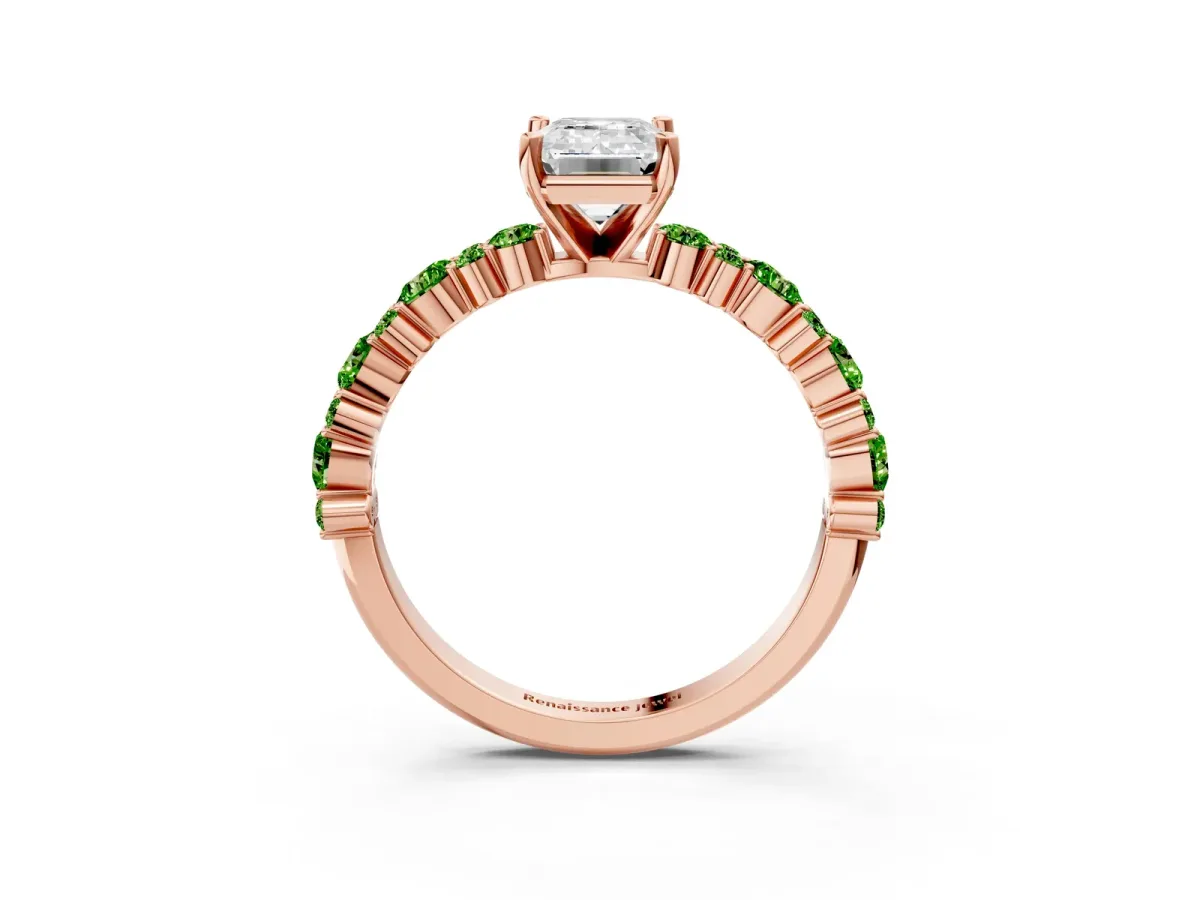 Emerald Cut Diamond Side Stone Solitaire Ring with Round Peridot and Four-Prong Setting Rose gold