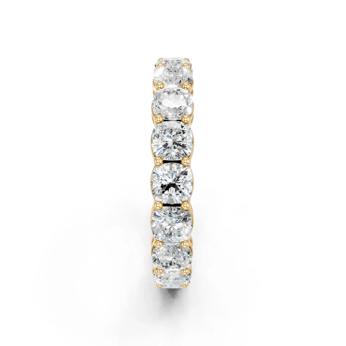 Cushion Cut Eternity Band with Shared Prong Setting Yellow gold