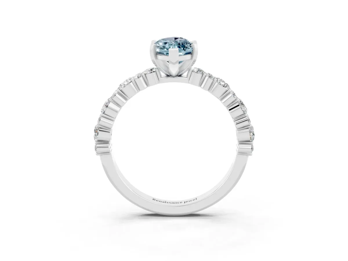Marquise Cut Aquamarine Side Stone Solitaire Ring with Round and Four-Prong Setting Silver