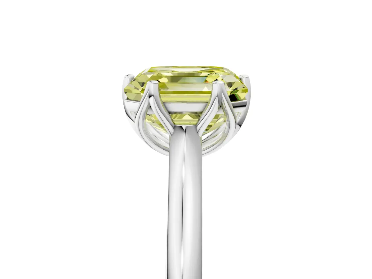 Fancy Yellow Asscher Cut Solitaire Cathedral Diamond Ring with Six-Prong Setting Platinum