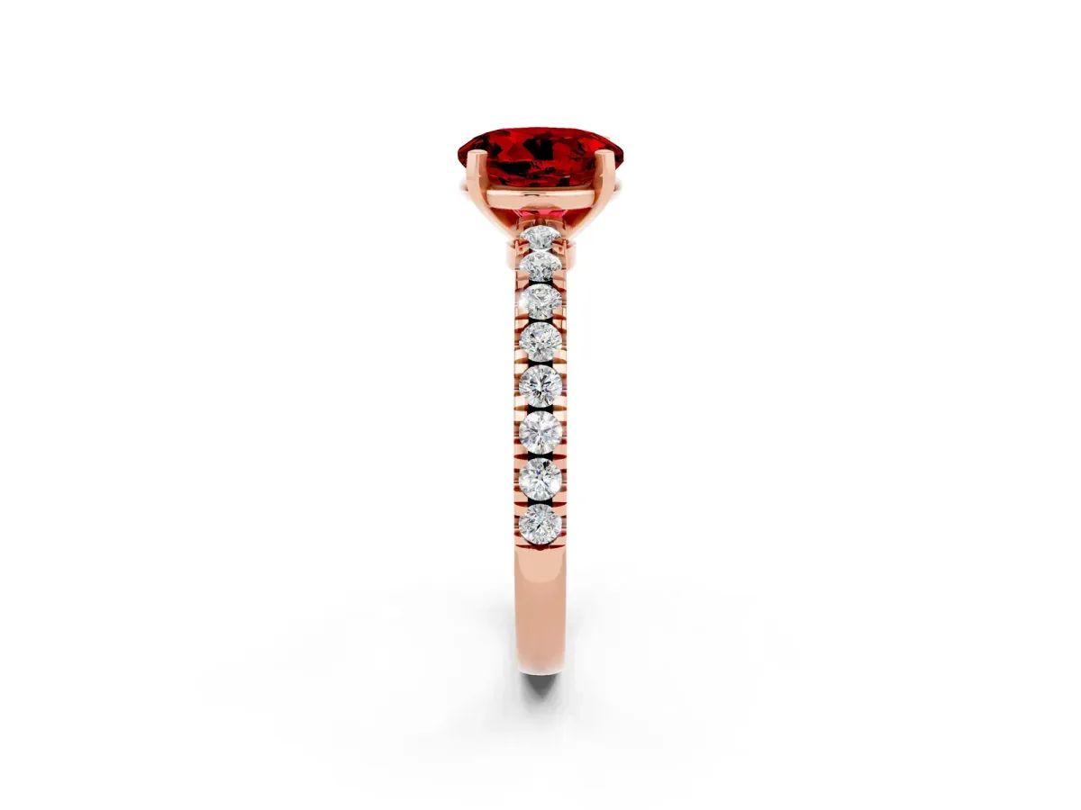 Round Cut Solitaire Ruby with Pavé Band and Four-Prong Setting Rose gold