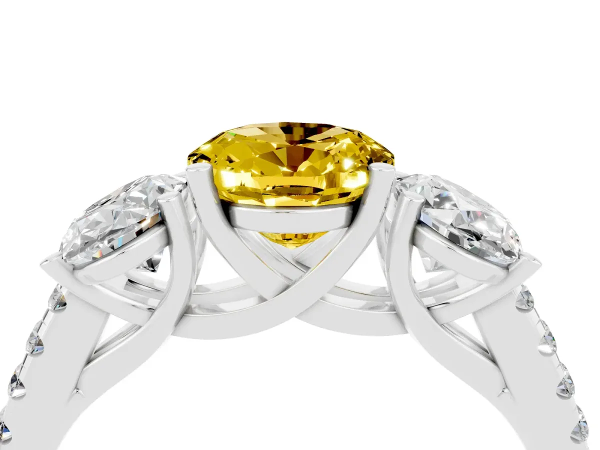 Three-Stone Oval Cut Yellow Sapphire Ring with Round Pavé Band and Prong Setting Silver