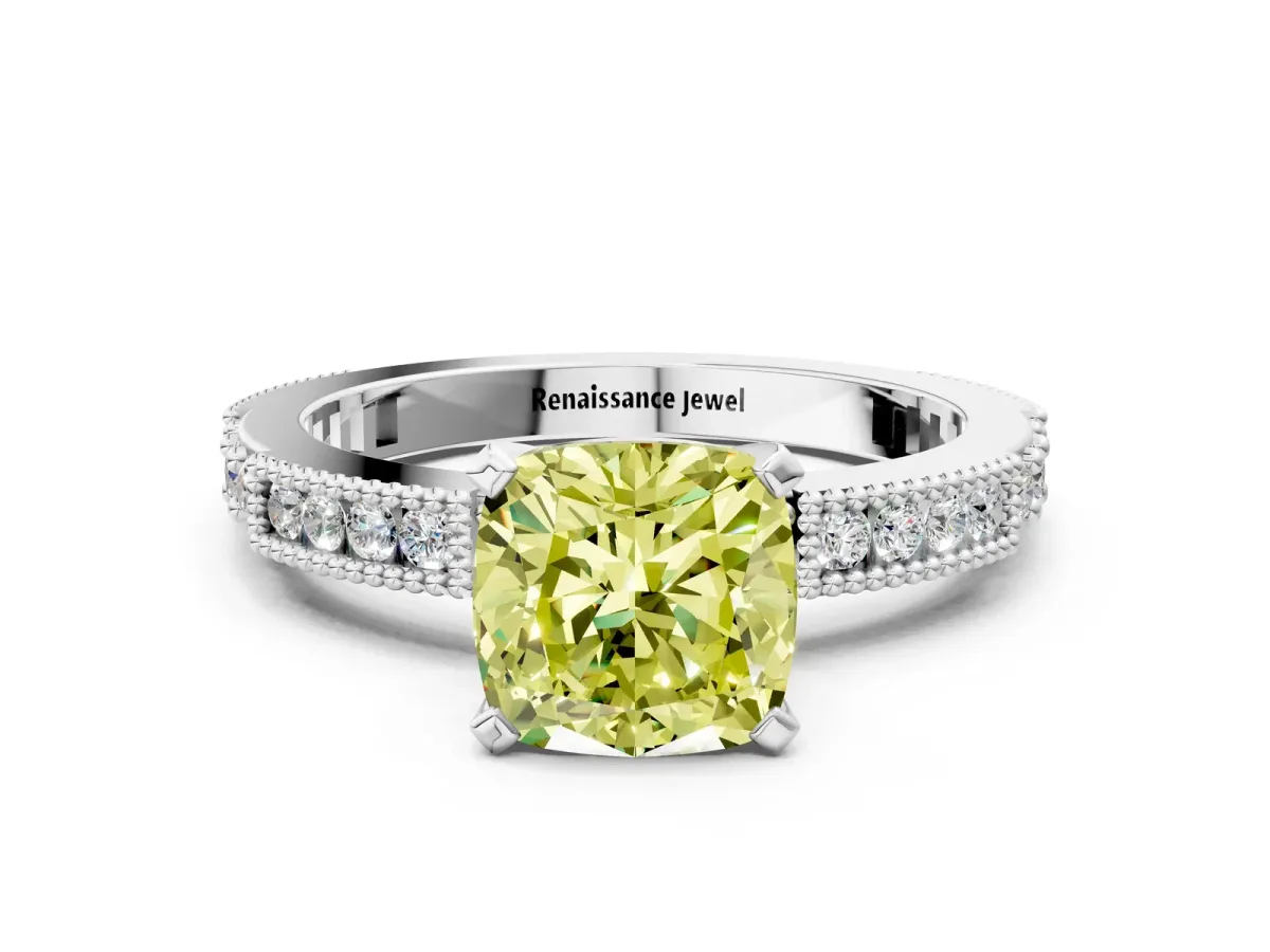 Fancy Yellow Cushion Cut Solitaire with Pavé Band and Four-Prong Setting Silver