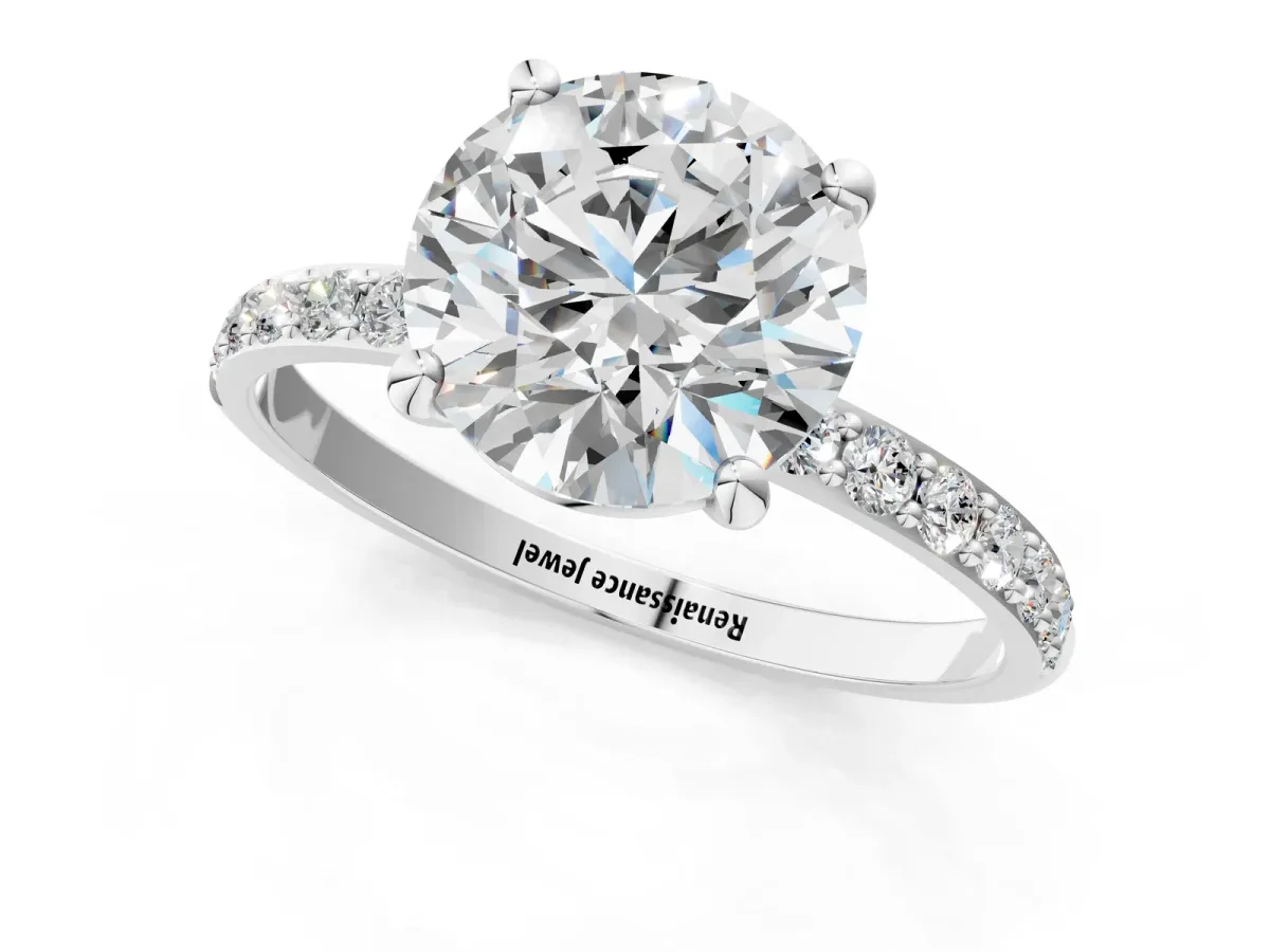 Round Cut Diamond Solitaire Ring with Round Pavé Band and Prong Setting Platinum
