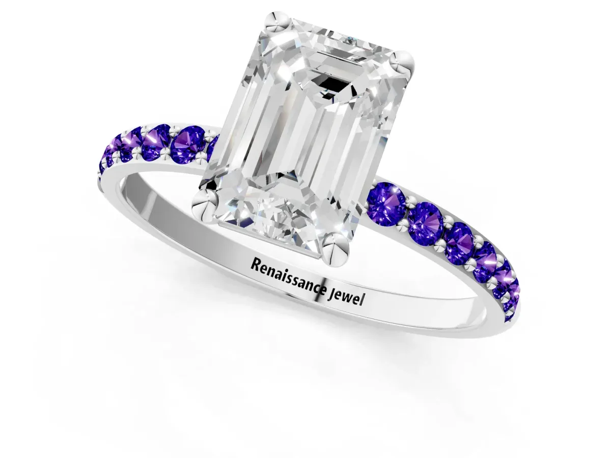 Emerald Cut Diamond Solitaire Ring with Round Tanzanite Pavé Band and Prong Setting Silver