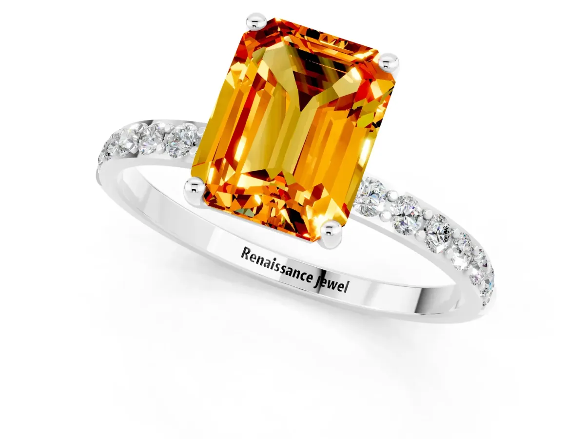 Emerald Cut Citrine Solitaire Ring with Round Pavé Shoulders and Prong Setting Silver