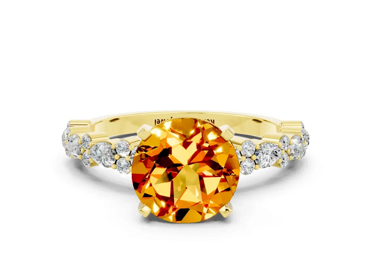 Round Cut Citrine Side Stone Solitaire Ring with Round and Four-Prong Setting Yellow gold