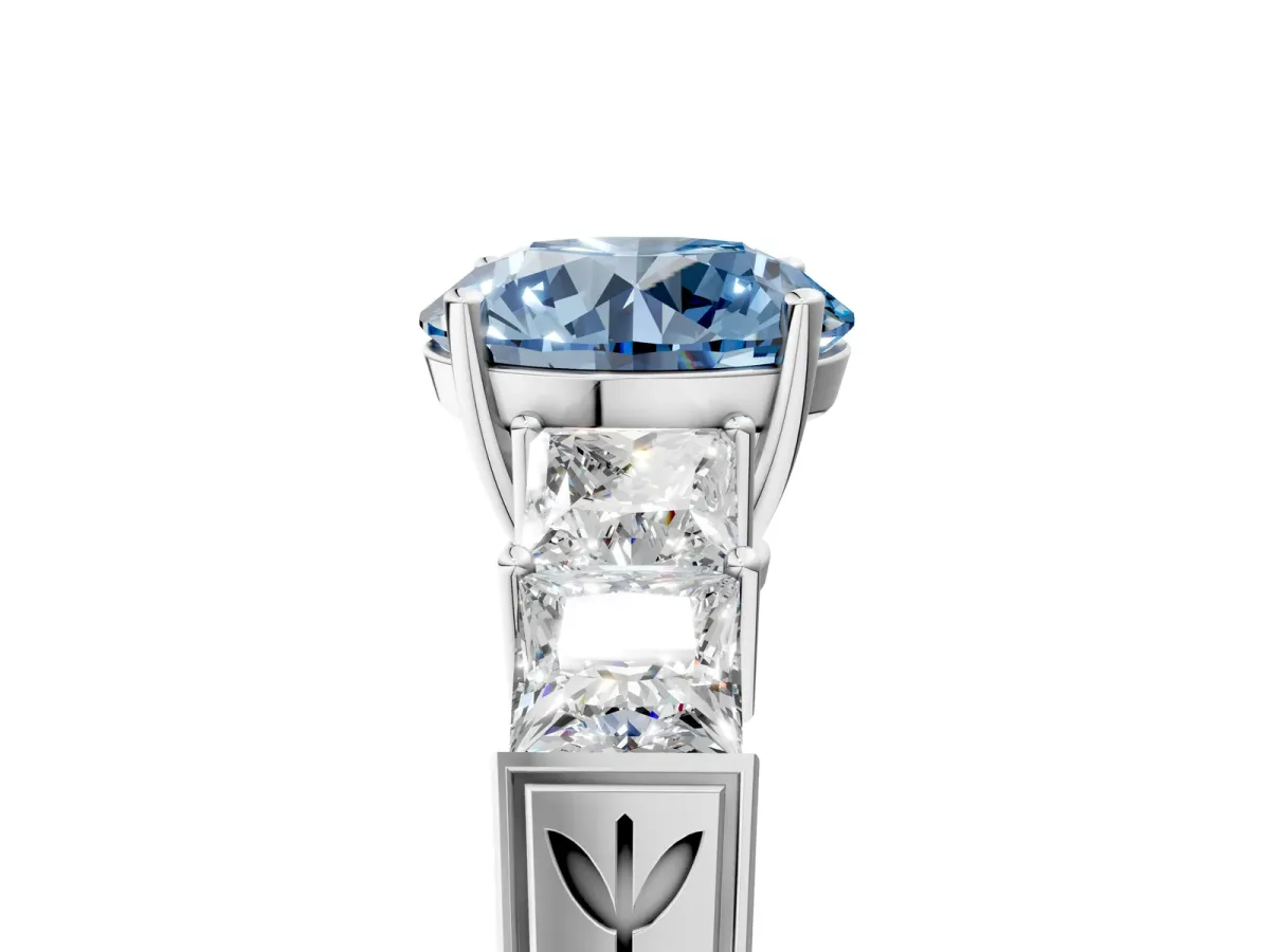 Fancy Blue Round Cut Solitaire Princess Side Stone Engraved Band Prong Setting Ring Silver