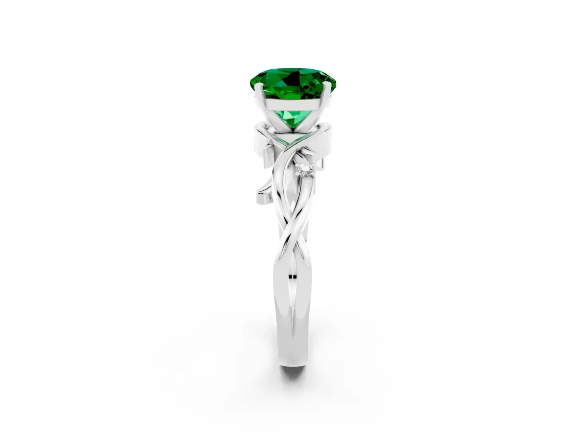 Round Cut Emerald Solitaire Ring with Twisted Band and Prong Setting White gold