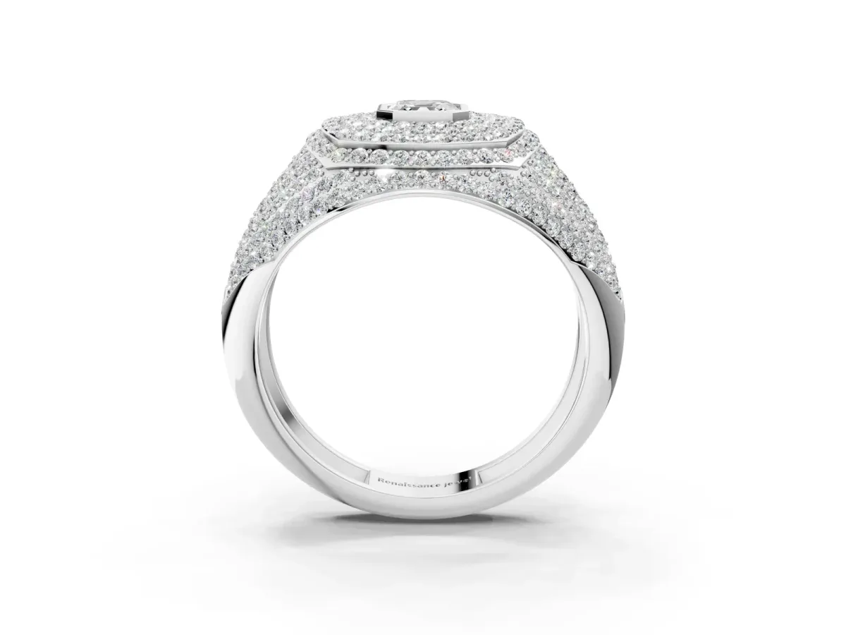 Asscher Cut Diamond Bezel Set Pavé Dome Mens Ring Silver