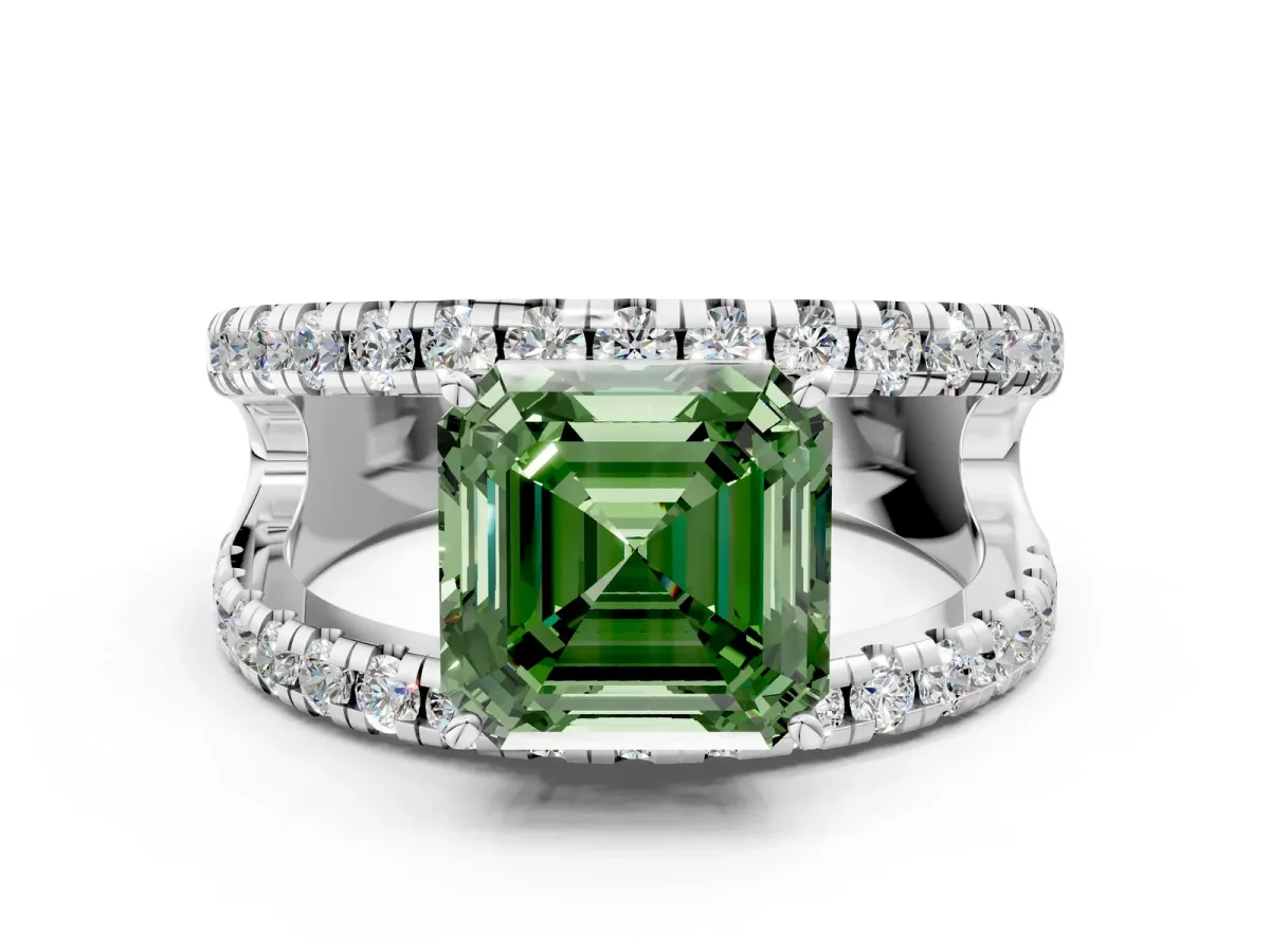 Fancy Green Asscher Cut Solitaire Split Shank Pave Diamond Ring Platinum