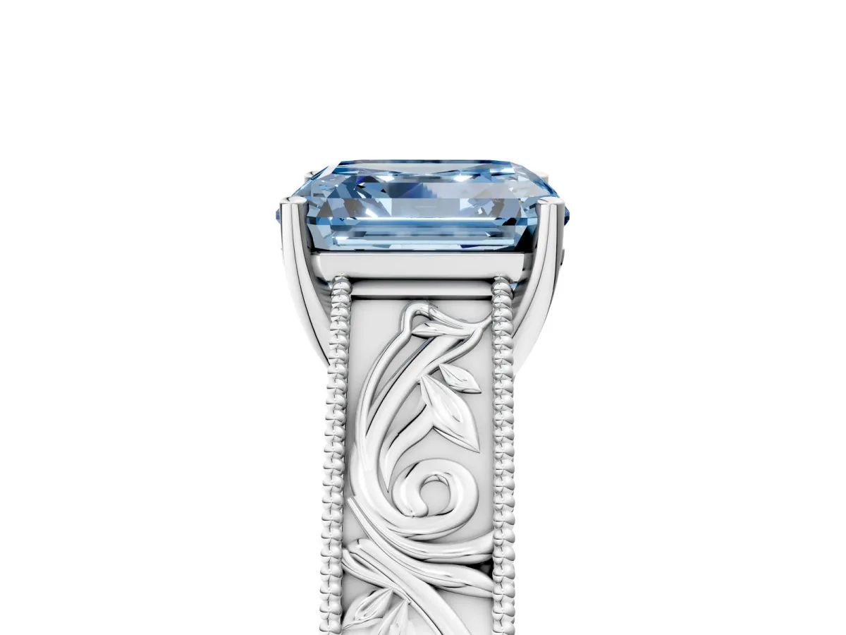 Fancy Blue Asscher Cut Diamond Solitaire Ring with Engraved Band and Four-Prong Setting Platinum