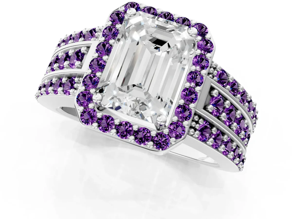Emerald Cut Halo Diamond Ring with Round Amethyst Split Shank and Prong Setting Silver