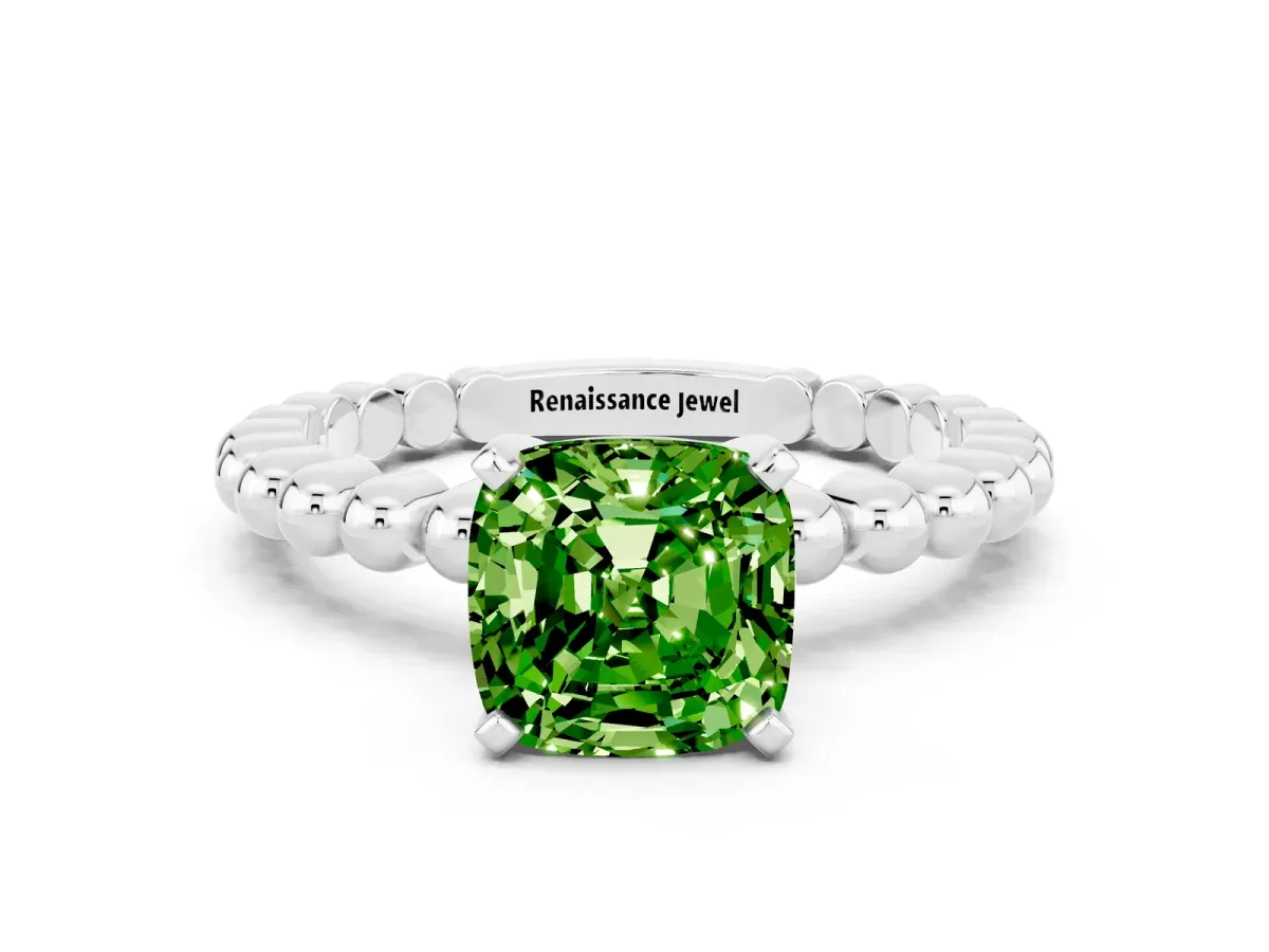 Cushion Cut Peridot Solitaire Ring with Beaded Band and Prong Setting Silver