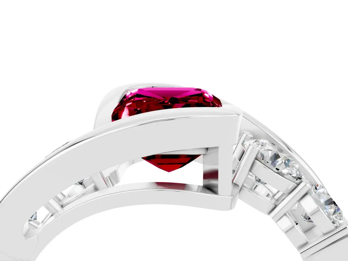 Bezel Set Emerald Cut Garnet Bypass Ring with Round Accents Platinum