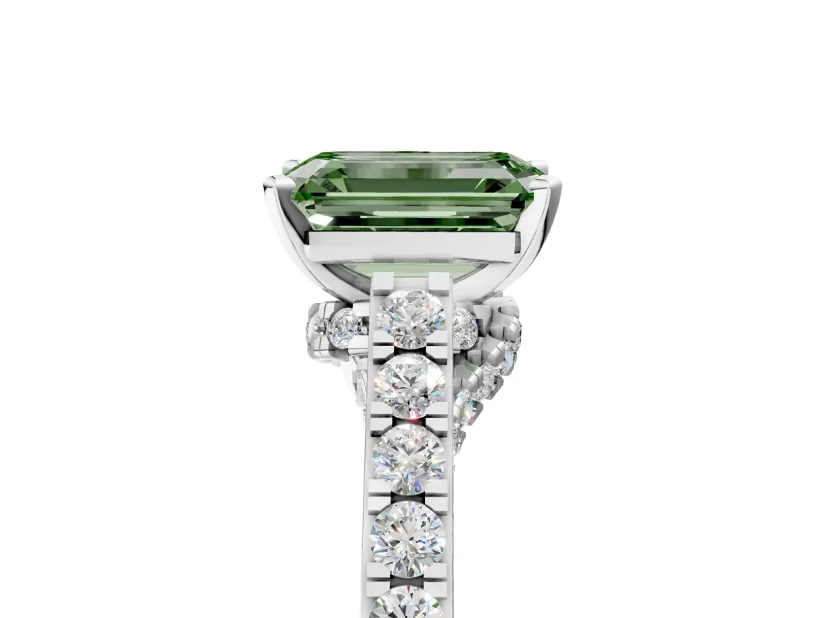 Fancy Green Emerald Cut Diamond Solitaire Ring with Crossover Gallery and Round Pavé Band Silver