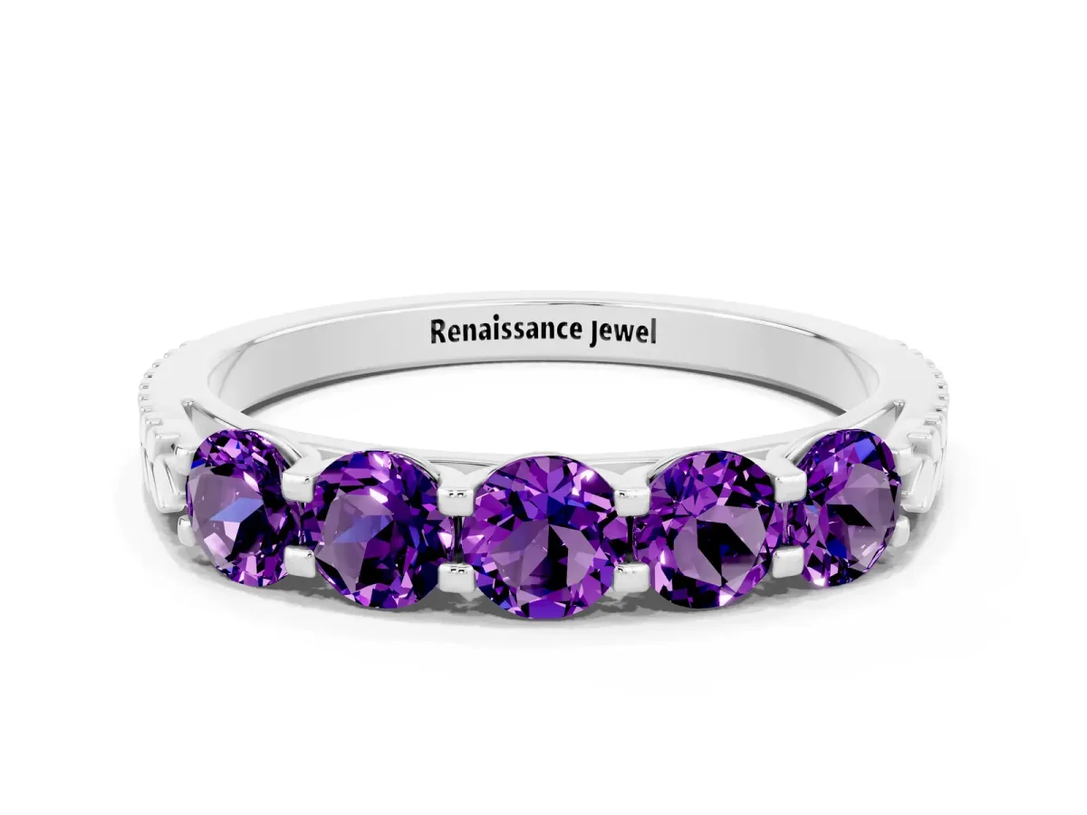 Five-Stone Round Amethyst Prong-Set Band Platinum