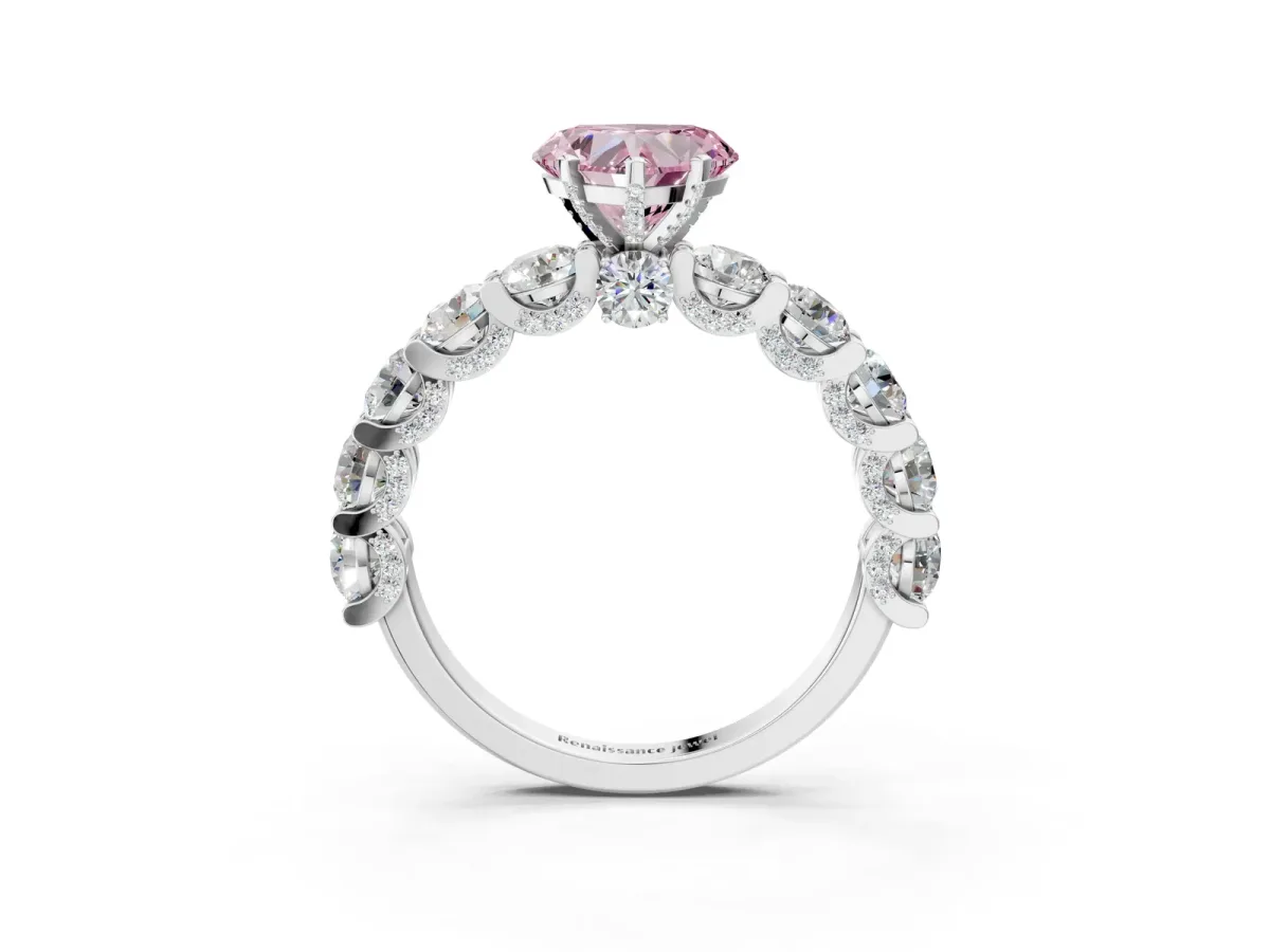Fancy Pink Heart Cut Diamond Side Stone Engagement Ring with Four-Prong Setting White gold