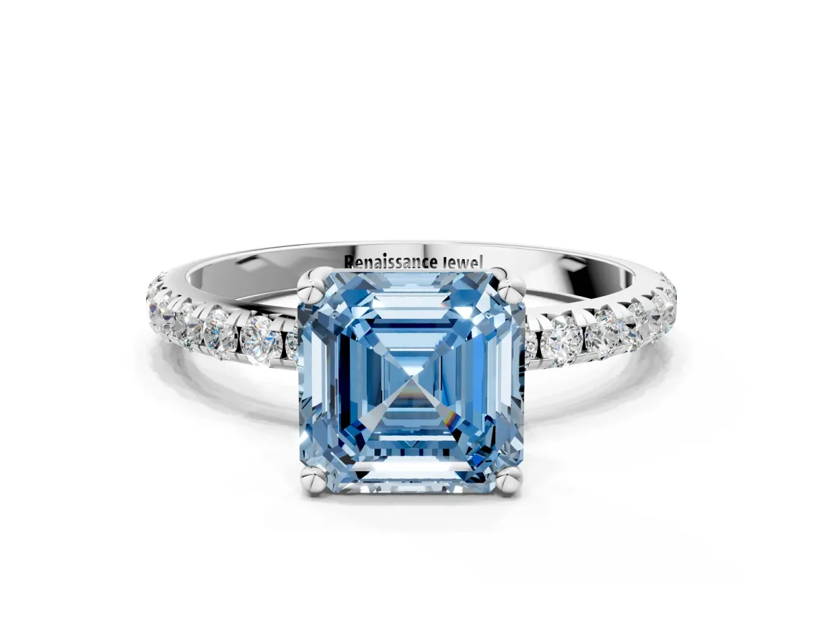 Fancy Blue Asscher Cut Cut Diamond Solitaire Ring with Micro Pave Band and Four Prong Setting Platinum