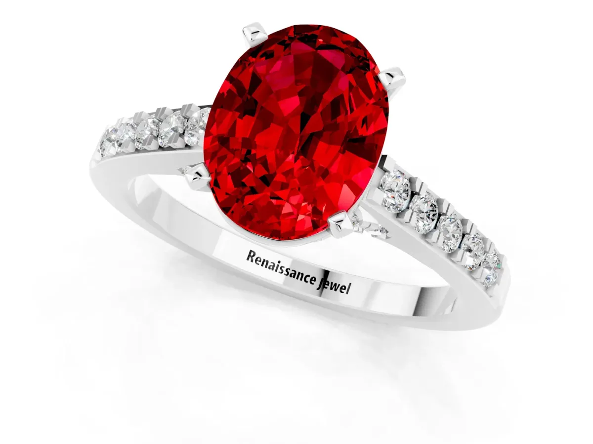 Oval Cut Ruby Solitaire Ring with Crossover Gallery and Round Pavé Band Silver