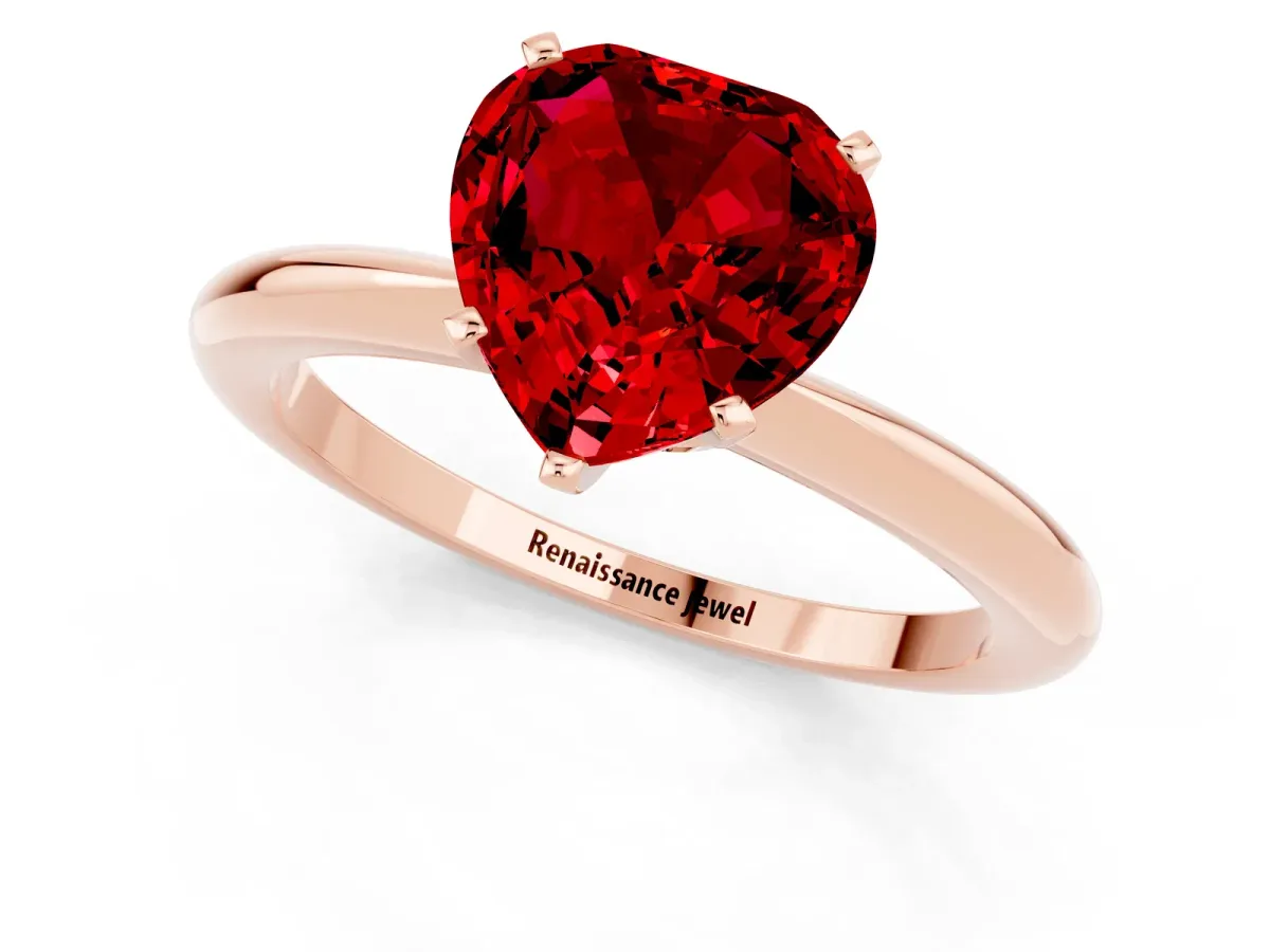 Heart Cut Ruby Solitaire Ring with Six-Prong Setting and Classic Band Rose gold