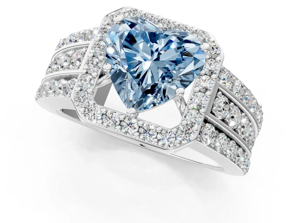 Fancy Blue Heart Cut Halo Diamond Ring with Round Split Shank and Prong Setting Platinum