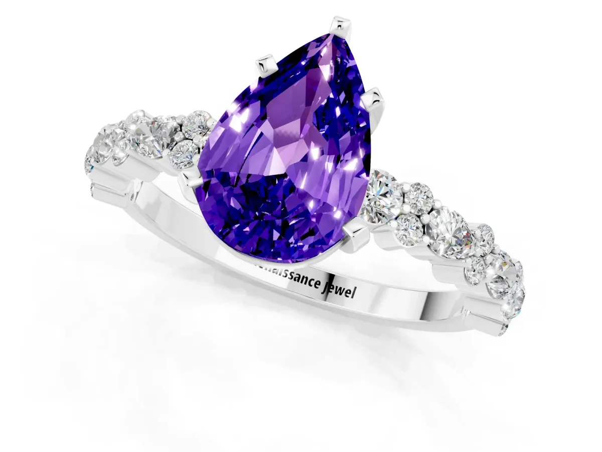 Pear Cut Tanzanite Side Stone Solitaire Ring with Round and Four-Prong Setting White gold