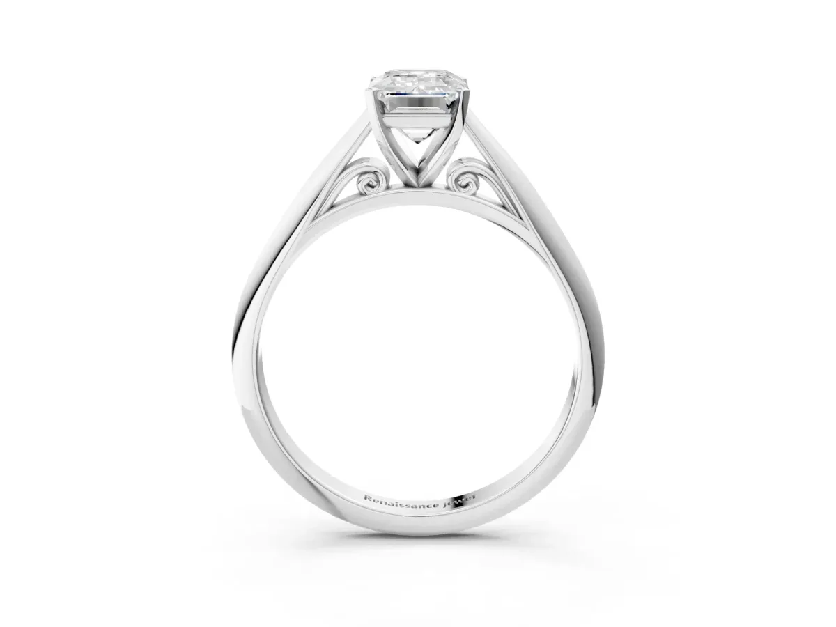 Emerald Cut Diamond Solitaire Engagement Ring with Cathedral Setting and Four-Prong Mount White gold