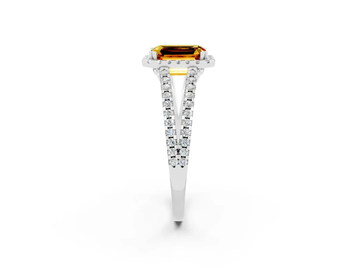 Emerald Cut Citrine Halo Split Shank Engagement Ring Platinum