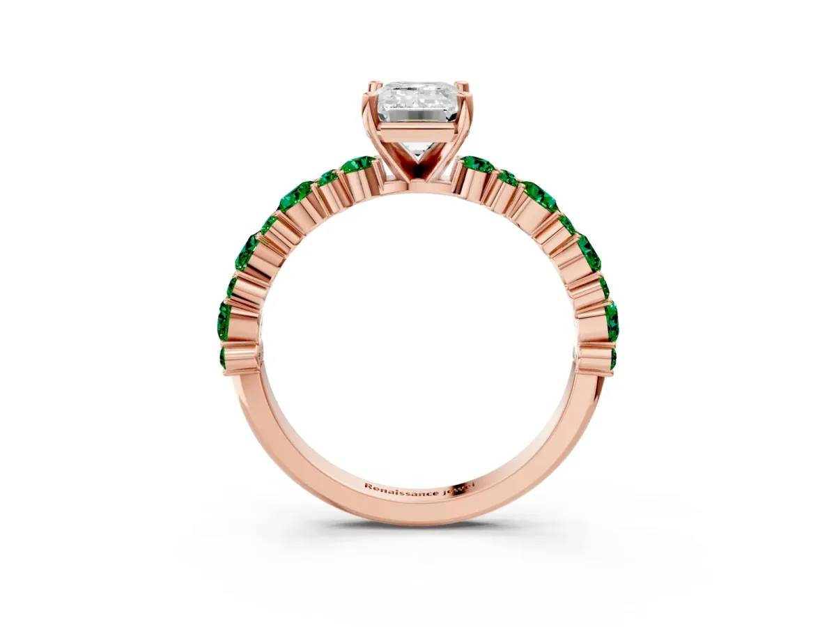 Emerald Cut Diamond Side Stone Solitaire Ring with Round Emerald and Four-Prong Setting Rose gold