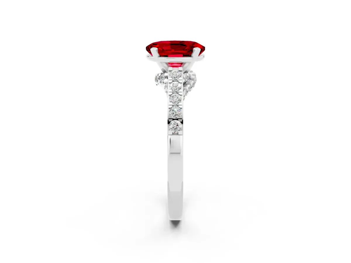 Oval Cut Ruby Solitaire Ring with Crossover Gallery and Round Pavé Band Silver