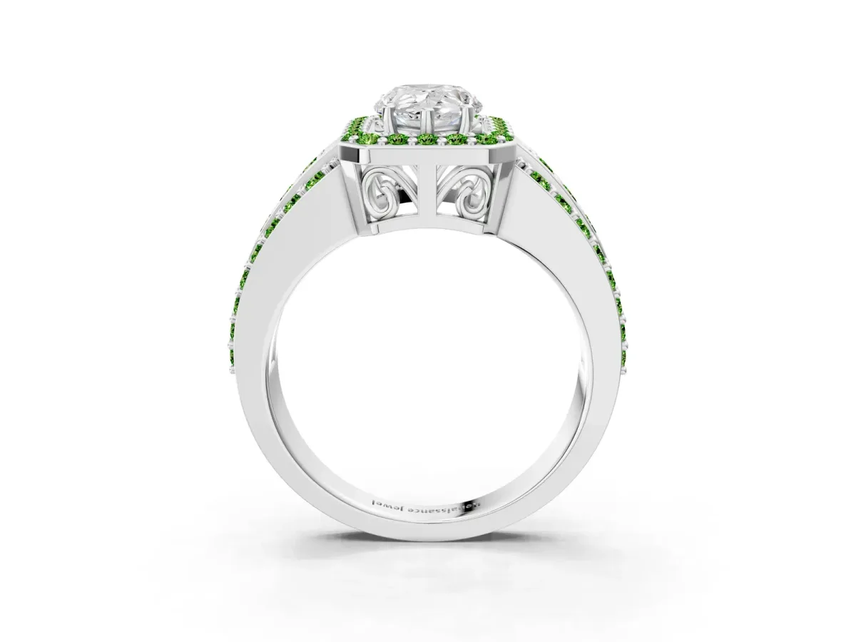 Pear Cut Halo Diamond Ring with Round Peridot Split Shank and Prong Setting Platinum
