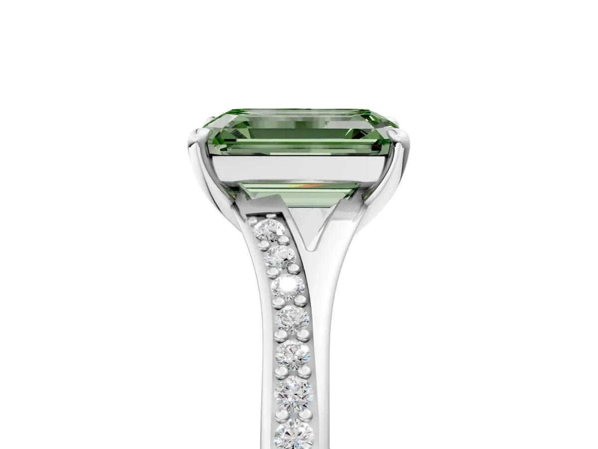 Fancy Green Emerald Cut Diamond Solitaire Ring with Pavé Band and Prong Setting Silver