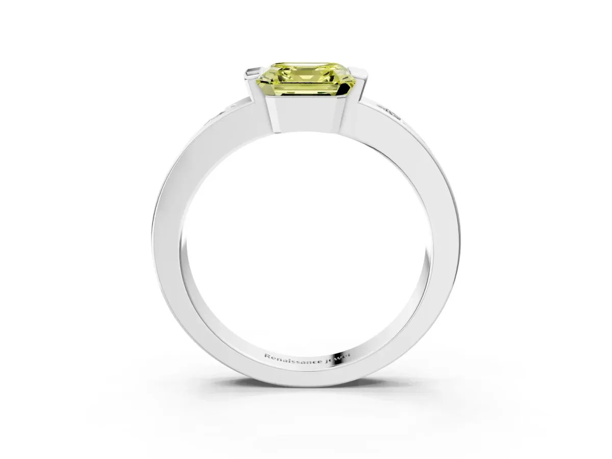 Fancy Yellow Asscher Cut Brilliant Channel-Set Diamond Ring with Bezel Prong Setting Platinum