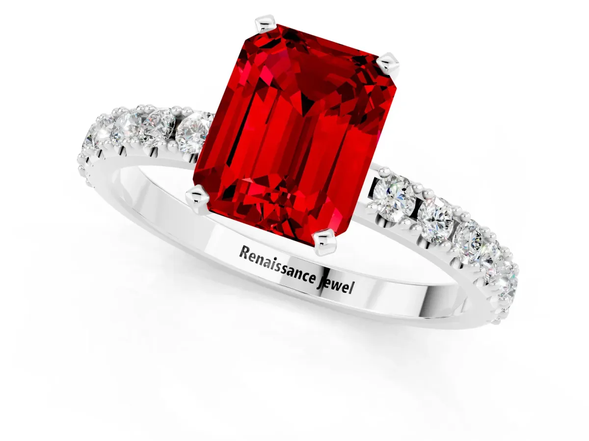 Emerald Cut Ruby Solitaire Pavé Band with Four-Prong Setting Silver