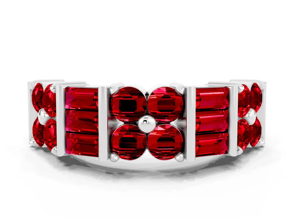 Channel Set Round and Baguette Ruby Anniversary Band with Prong Setting White gold