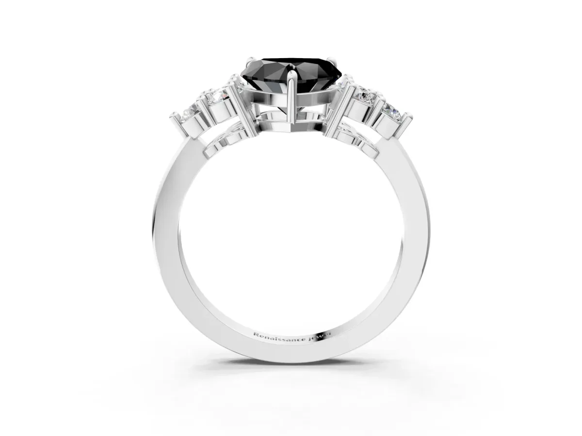 Fancy Black Heart Cut Brilliant Diamond Cluster Accent Solitaire Ring with Prong Setting Platinum