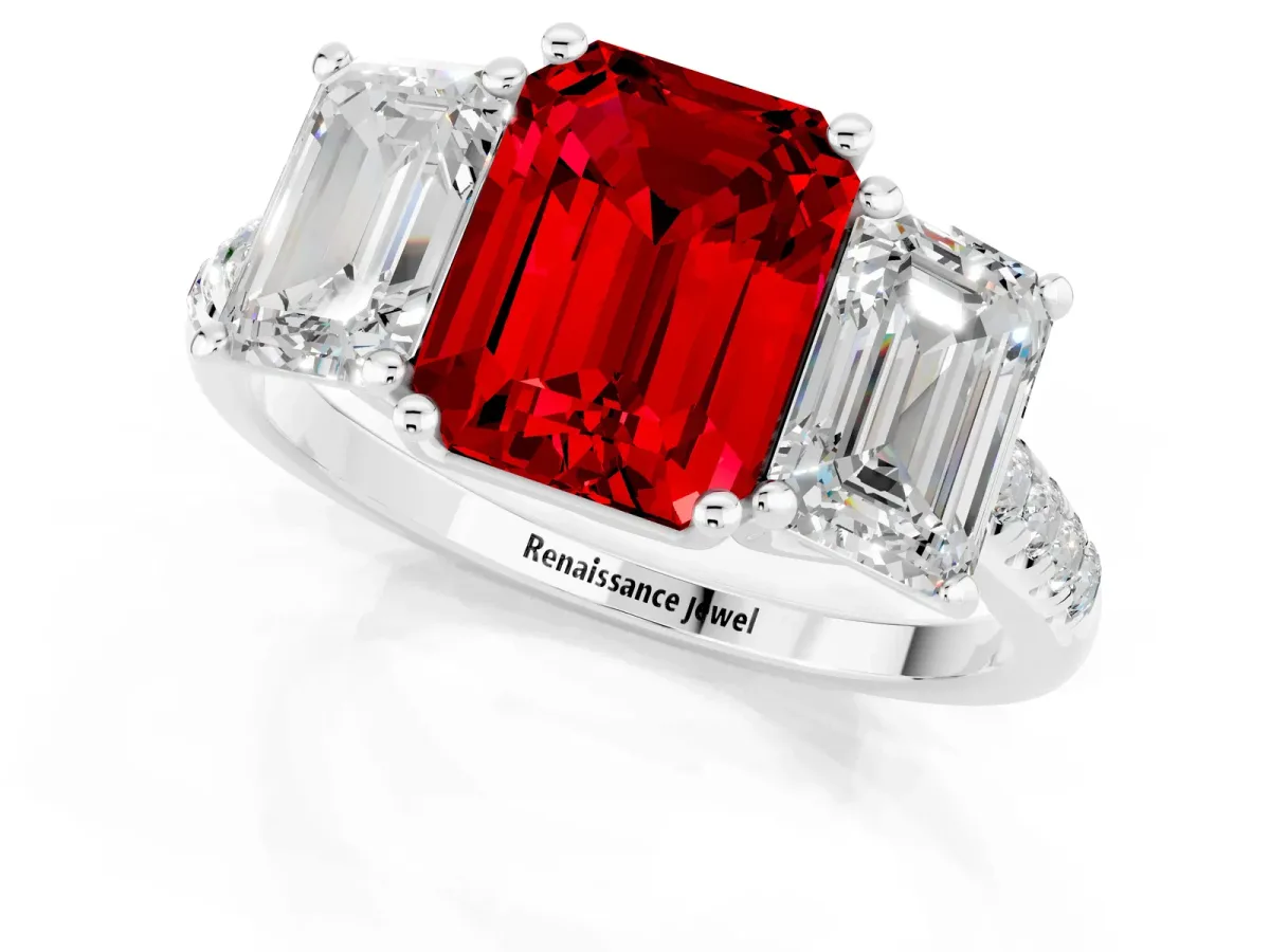 Three-Stone Emerald Cut Ruby Ring with Round Pavé Band and Prong Setting White gold