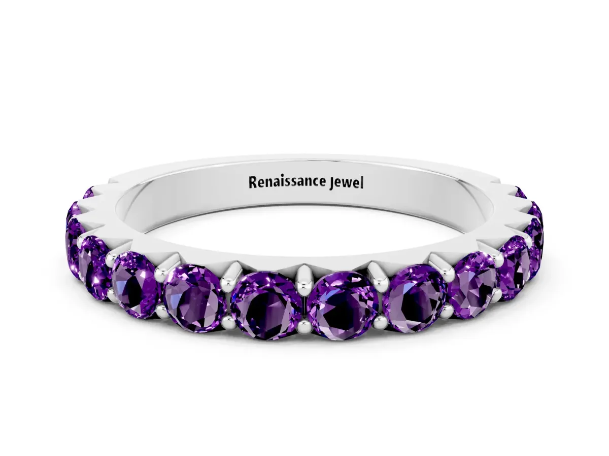 Round Amethyst Half Eternity Band with Classic Prong Setting Platinum